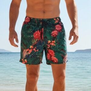 H&M Mens Size L Floral Lined Tropical Drawstring Swim Shorts W/Pockets Beach